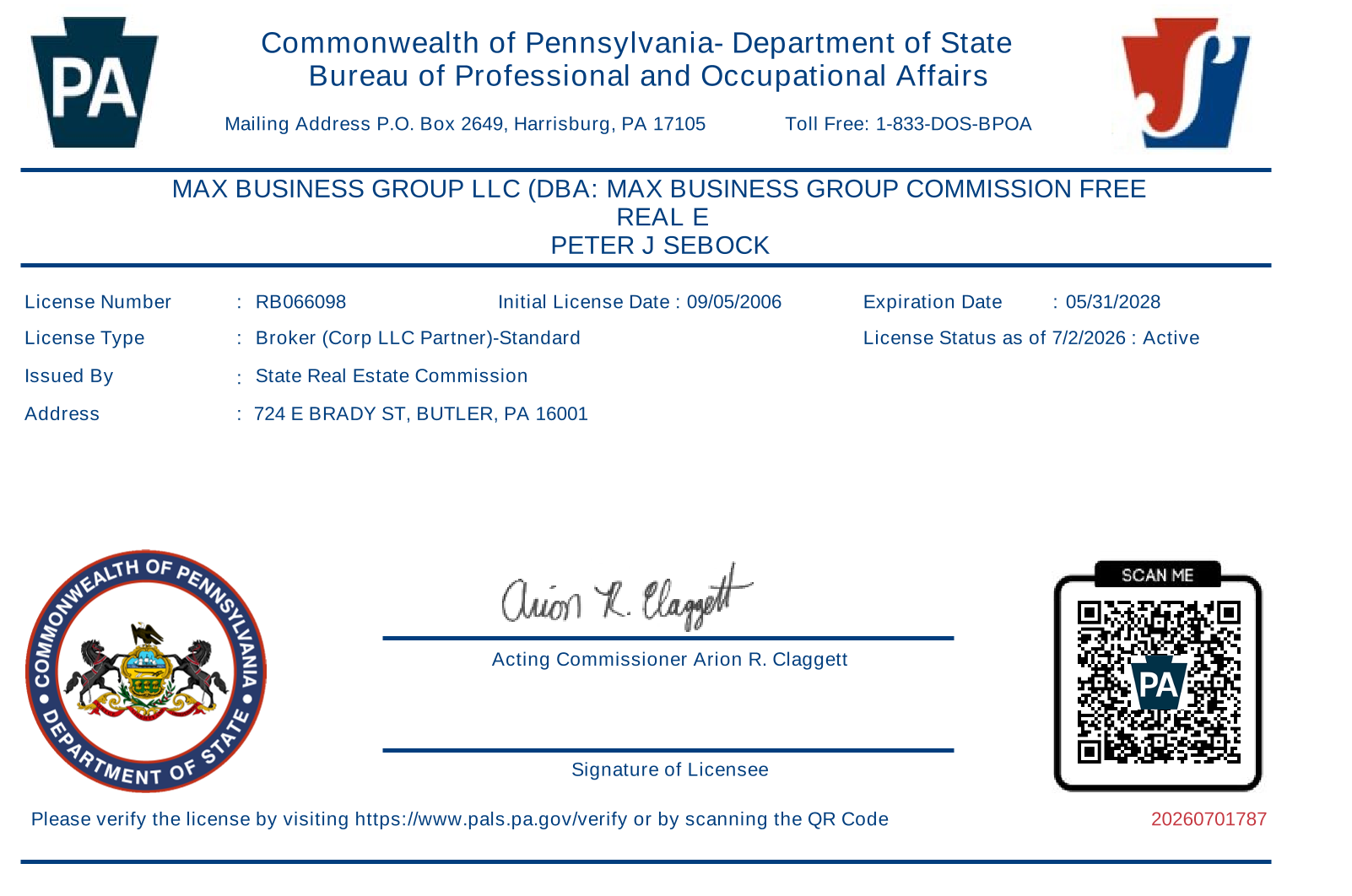 Preview of a Max Business Group license or registration document