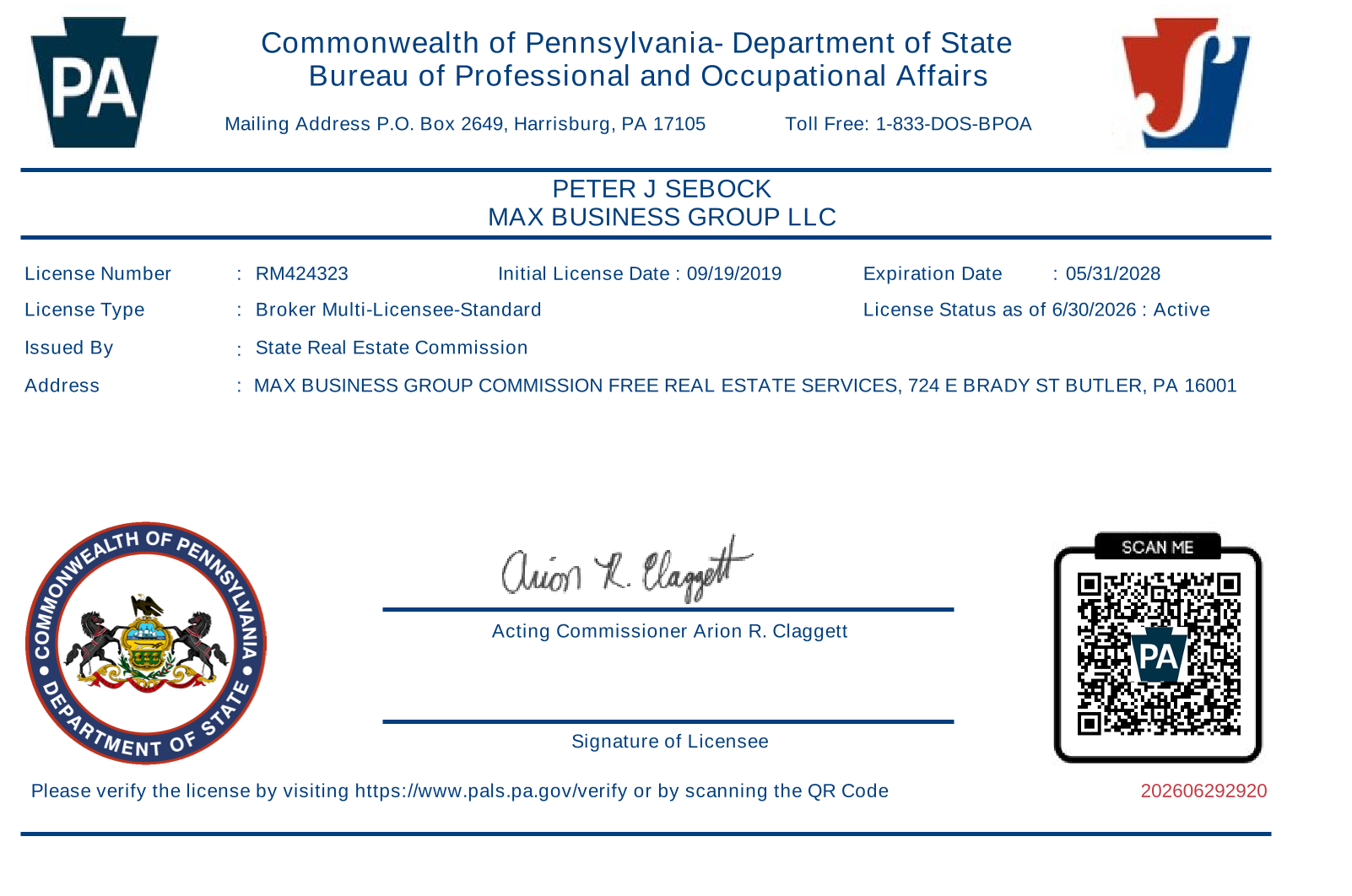Preview of a Max Business Group license or registration document