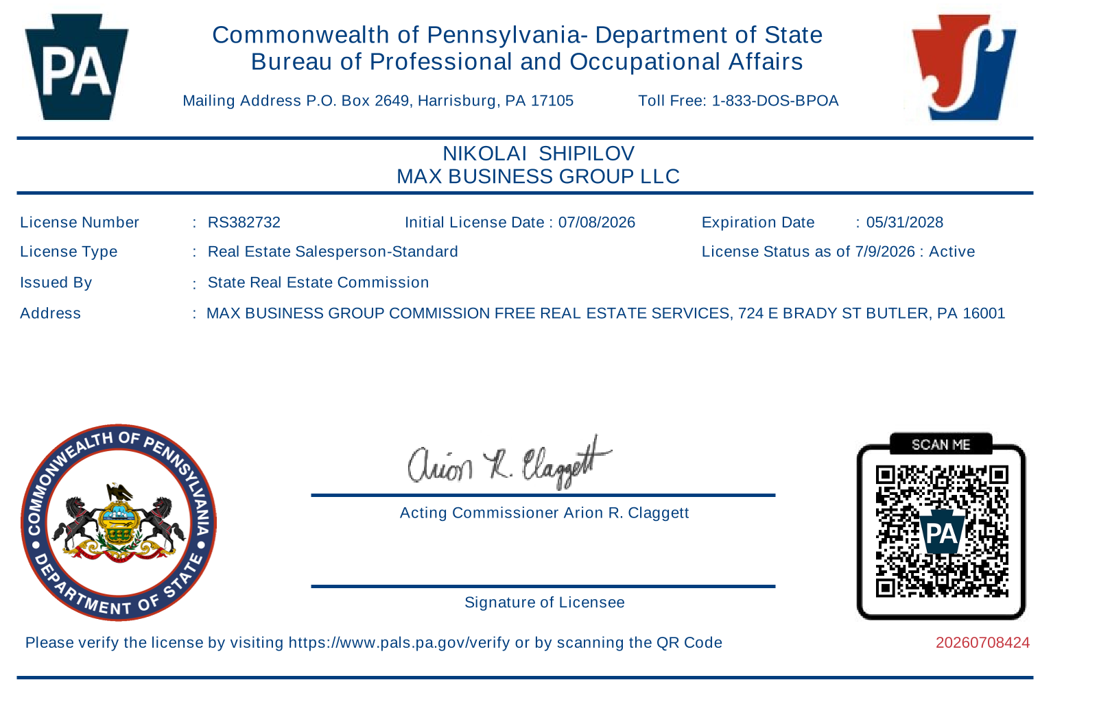 Preview of a Max Business Group license or registration document